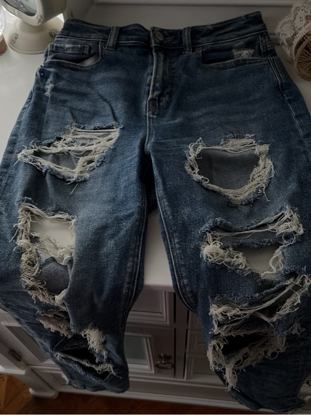 American Eagle Outfitters Blue Denim Jeans with Brown Leather Patch